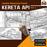 LEMBAR MEWARNAI DETAIL KERETA API - 30 GAMBAR UKURAN A4 (ERKAJE LEARNING KIT)